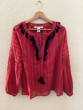 Anthropologie Red Belle Vere Boho Peasant Top Tassels Fringe Loose